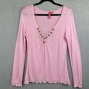 Charlotte Tarantola Pink Beaded V-Neck L/S Stretch Top Lettuce Edge Barbiecore L